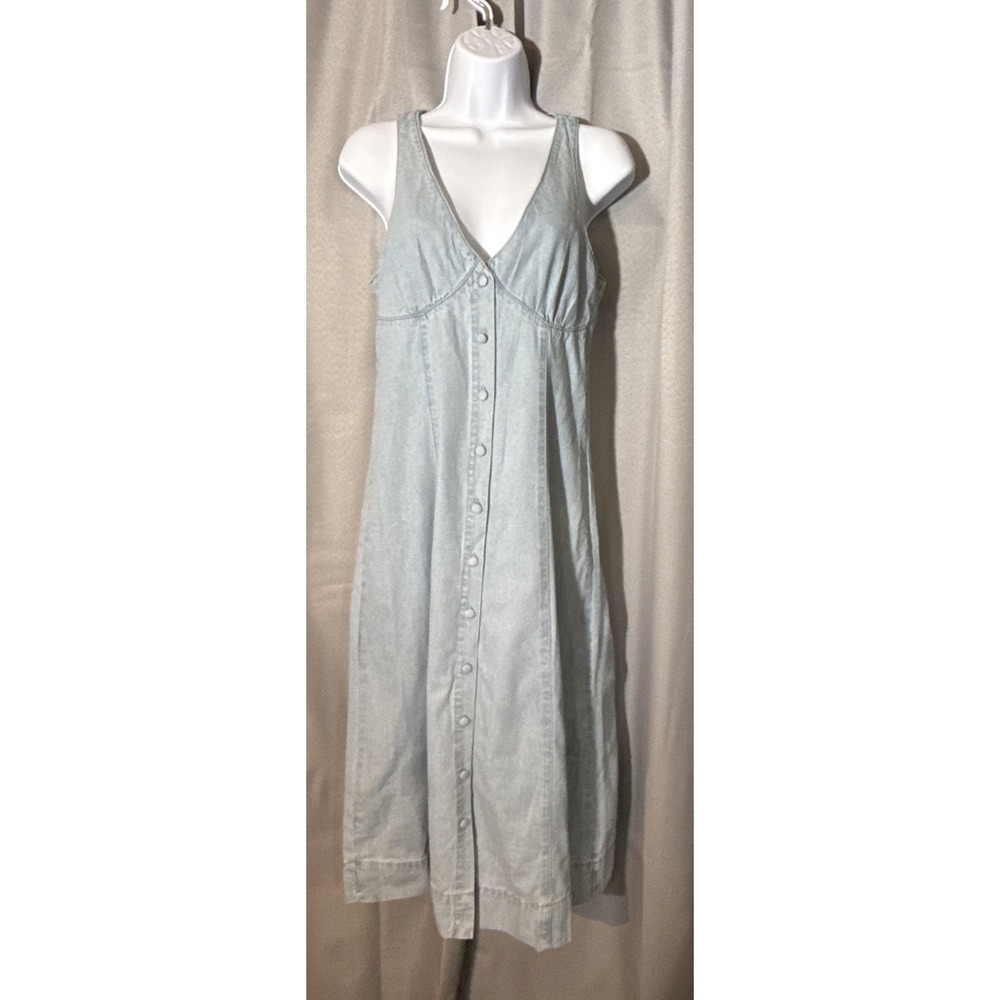 Lovestitch Light Wash Denim Midi Dress Button Front V-Neck Cotton Women Small
